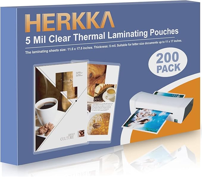 HERKKA 200 Pack Laminating Pouches, Hold 11 x 17 Inch Sheet, 5 Mil Clear Thermal Laminating Paper 11.5 x 17.5 Inch, Round Corner
