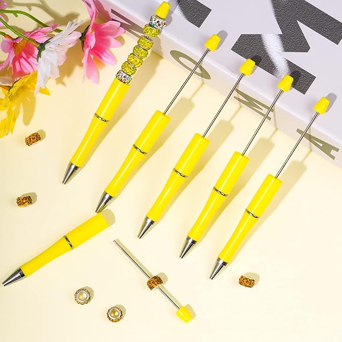 jiebor 30Pcs Yellow Beadable Pens Plastic Bead Pen Black Ink Ballpoint Pens Diy Pens Cute Cool Pens for Teacher Bridal Graduation Gift Office Supplies