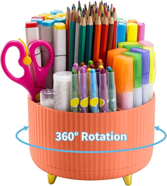 Marbrasse Desk Organizer, 360-Degree Rotating Pen Holder for Desk, Desk Organizers and Accessories with 5 Compartments Pencil Organizer, Art Supply Storage Box Caddy for Office, Home (Orange)