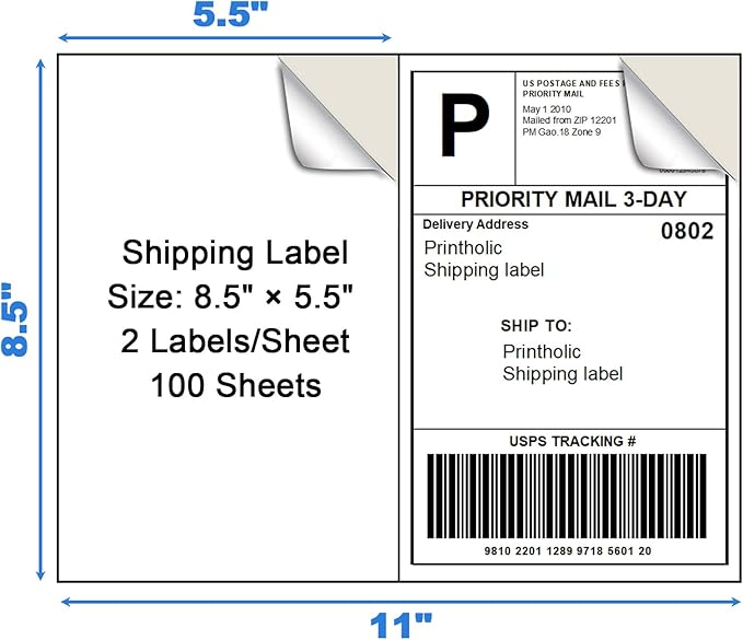 200 Half Sheet Self Adhesive Shipping Labels 8.5" x 5.5" Address Labels for Laser & Inkjet Printers - 100 Sheets, 2 Half Sheet Labels Per Page