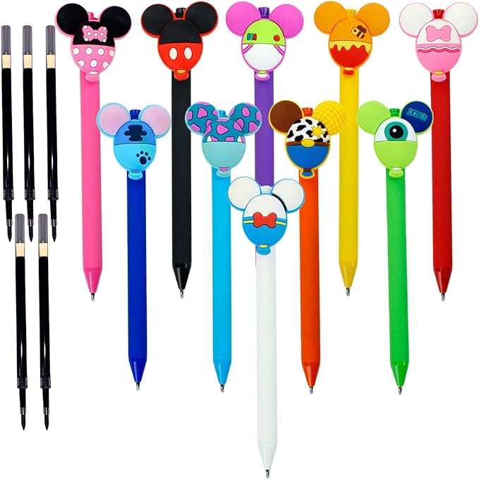 10pcs Mouse Head Character Ears Pens Set, Retr ctable Ballpoint Pen, Multi Color Jumbo Autograph Princess Pencil Signature Office Desk Stationary Accessories, Gift for Teacher Student