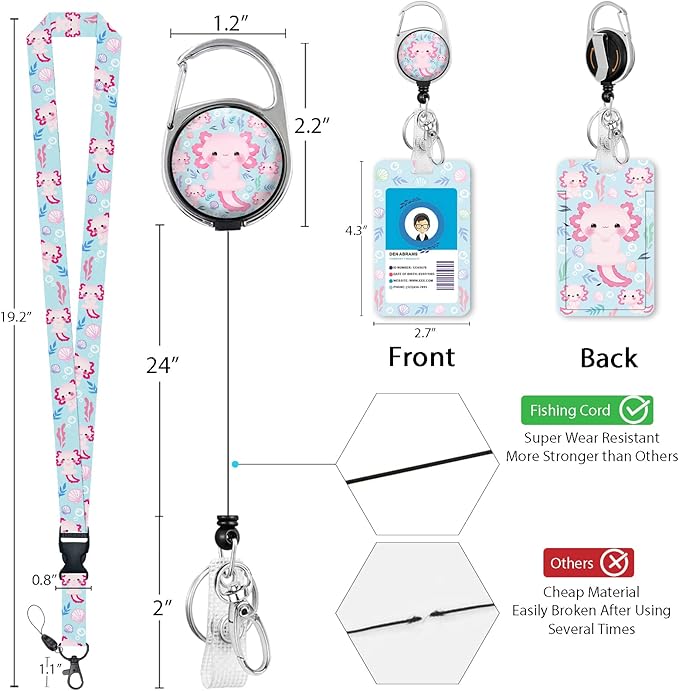 Cute Axolotls Lanyards for Id Badges, Retractable ID Badge Holder with Detachable Lanyard, Fashionable Badge Reel Heavy Duty with 360 Degrees Rotate Carabiner Clip, Nurse Teacher Office Gifts