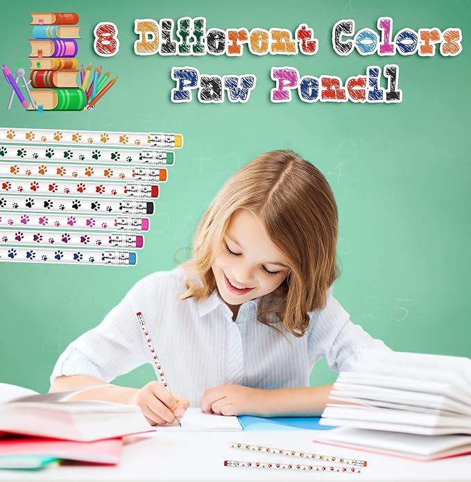 48 Pcs Paw Print Pencil 8 Color Pencils Party Favors for Kids Wooden Writing Novelty with Erasers Dog Party Favors Fun School Supplies and Reward Prizes