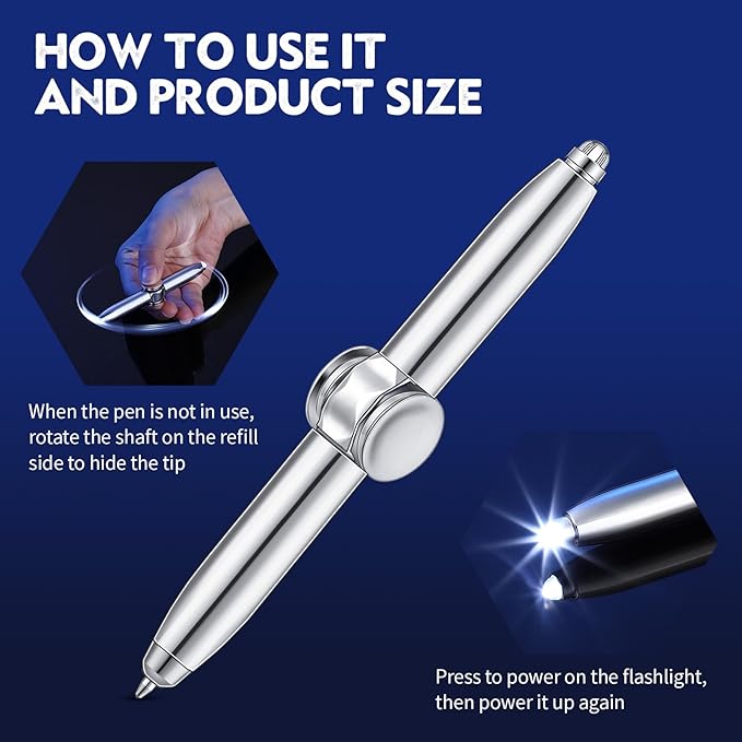 Chinco 2 Pieces Fidget Spinning Pen with LED Light Multi Functional Help Thinking Ballpoint Gift Pen for Adults Students Teenage(White Gold)