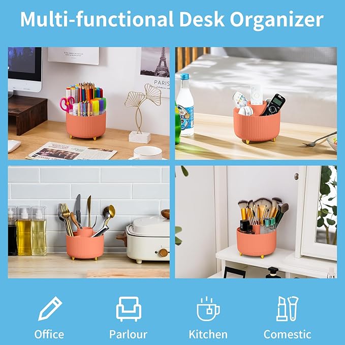 Marbrasse Desk Organizer, 360-Degree Rotating Pen Holder for Desk, Desk Organizers and Accessories with 5 Compartments Pencil Organizer, Art Supply Storage Box Caddy for Office, Home (Orange)