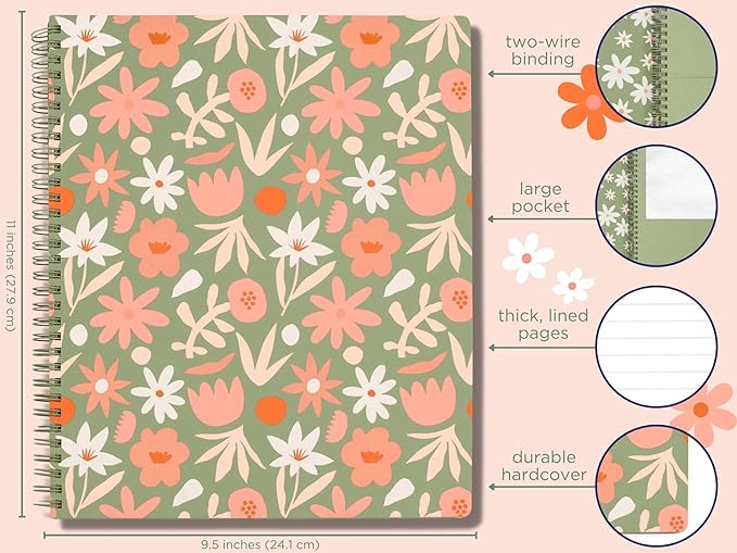 Steel Mill & Co Cute Large Spiral Notebook College Ruled, 11" x 9.5" with Durable Hardcover and 160 Lined Pages, Star Floral, Green