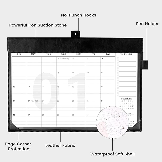 Desk Calendar 2025-2026,24 Month Wall Calendar from Jan 2025-Dec 2026, Large Desk Calendar 17" x 12" with To-Do Lists, Leather Desk Pad Calendar with PVC Cover for Home School and Office,Black