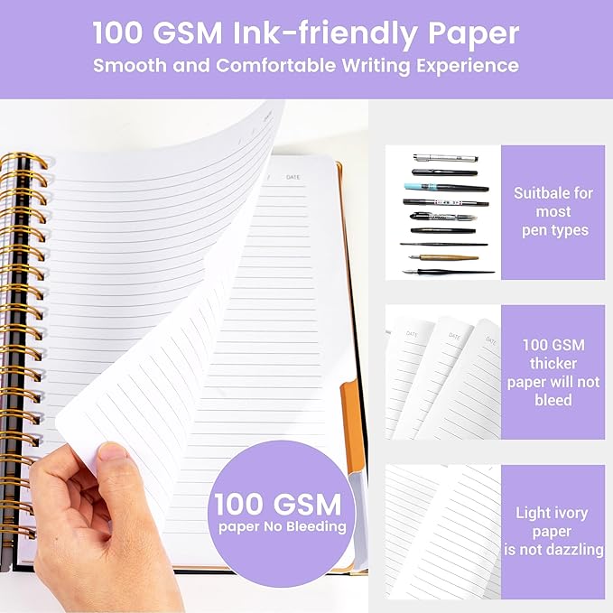 Hardcover Spiral Notebook with Tabs 8"x10" Large Spiral Lined Journals for Women with Dividers 240 Pages College Ruled Composition Notebook 5 Subject Notebook for Work, Back to School, Gifts, Purple