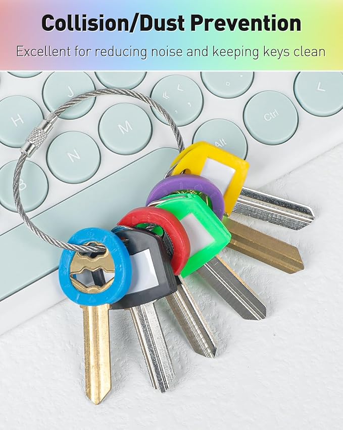 Uniclife 24 Pack Round Key Caps Covers and 24 Pack Key Cap Tags with Blank Paper Labels & Clear Windows Colorful Key Identifiers Protectors for Regular Flat House Keys (Not for Odd-Shaped Keys)