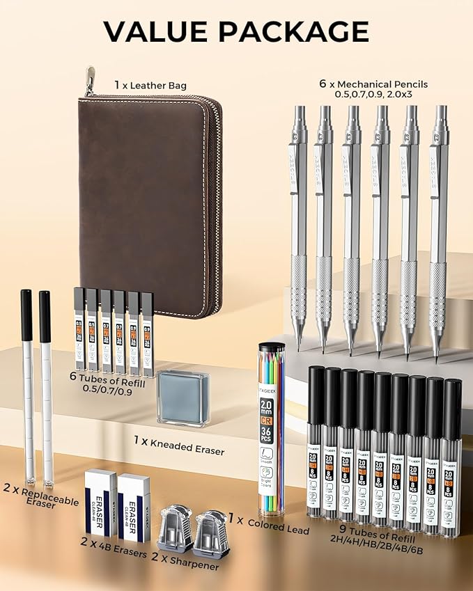 30Pcs Metal Mechanical Pencil Set with Leather Case, 0.5/0.7/0.9/2.0mm Art Drafting Pencils, 16 Tubes Graphite Leads(6B 4B 2B HB 2H 4H) with Colored Leads for Sketching Drawing Writing(Silver)