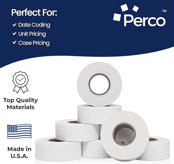 Perco 2 Line White Labels - 32 Rolls, 4 Sleeves, 24,000 Blank Price and Date Gun Labels for Perco 2 Line Price and Date Guns - Made in USA