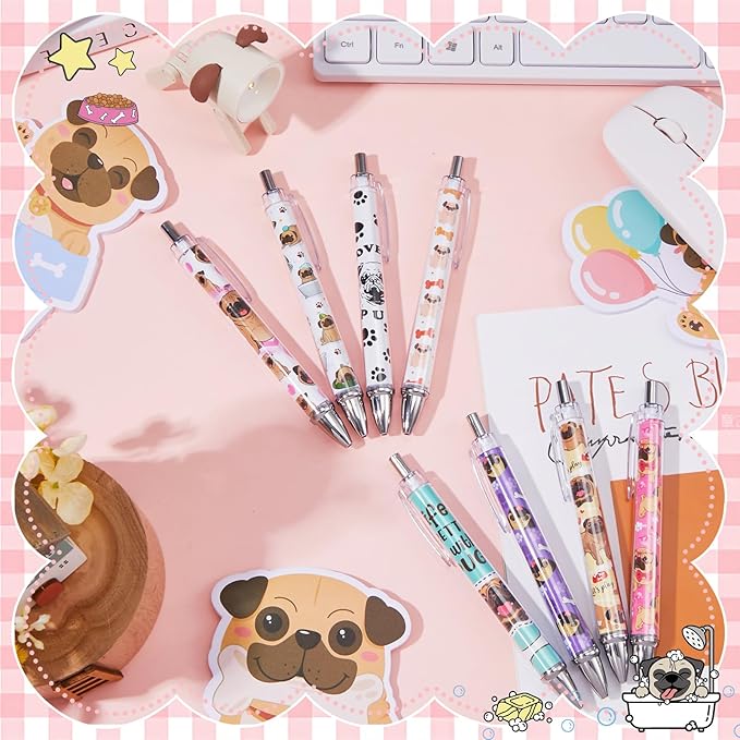 Ireer 8 Pcs Ballpoint Pens for Women 1.00 mm Cute Black Ink Fancy Pens Fine Point Smooth Writing for Journaling Aesthetic Office Supplies(Pug)