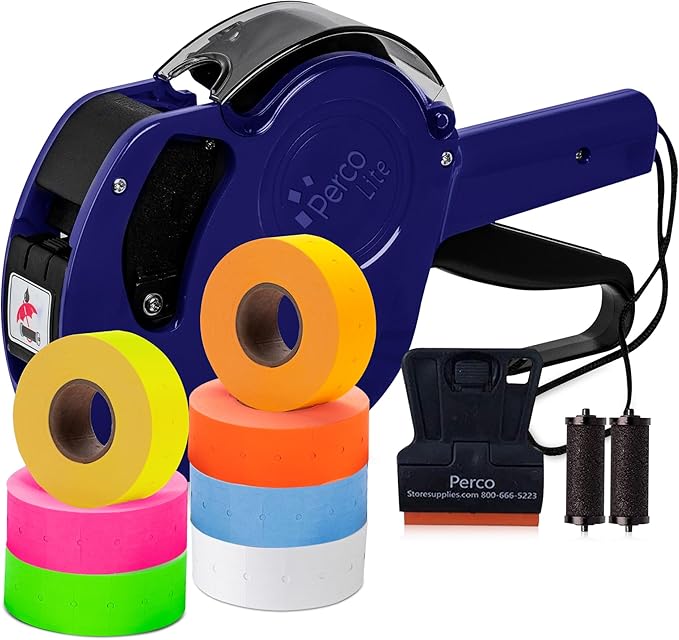 Perco Lite 1 Line Price Gun with Labels Kit - Includes 1 White Roll, 6 Multicolored Rolls, 2 Ink Rollers, 1 Ink roll and Labels Pre-Loaded