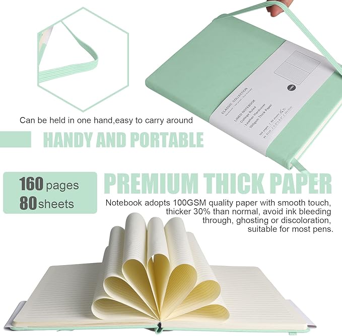 Lined Journal Notebook, 10Pack(Eggshell Green), 160 Pages, Medium 5.7 inches x 8 inches - 100 gsm Thick Paper, Hardcover