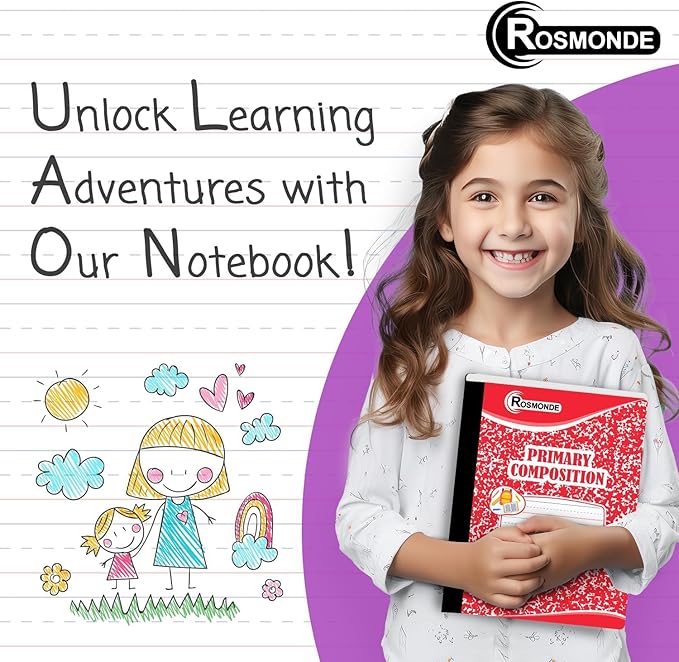 12 Pack Primary Composition Notebooks, 200 Pages (100 Sheets), Primary Ruled Composition Notebook for Kids, 9-3/4" x 7-1/2", Grades K-2 Writing Workbook, Writing Dotted Lined, Assorted Marble