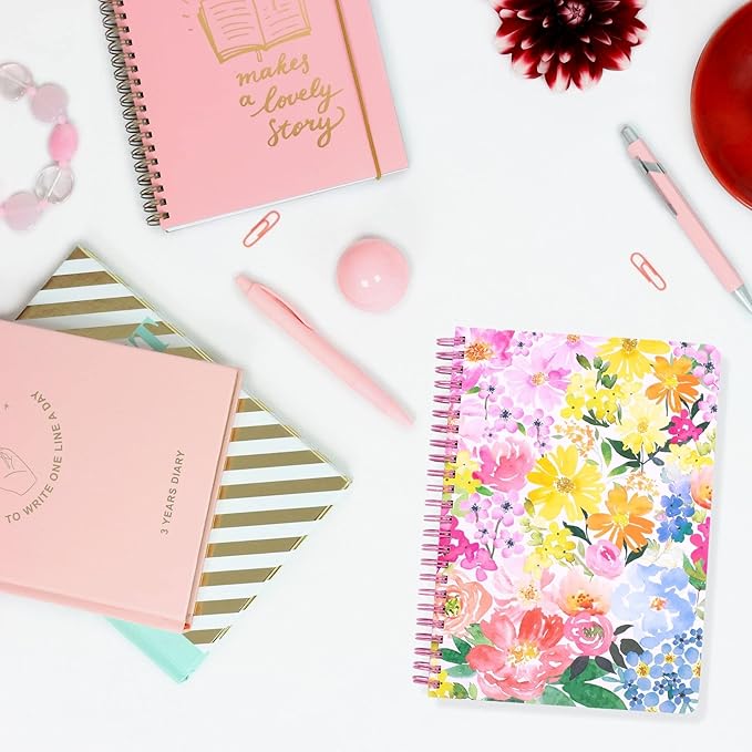 Steel Mill & Co Cute Floral Mini Spiral Notebook, 8.25" x 6.25" Journal with Durable Hardcover and 160 Lined Pages, Summer Garden
