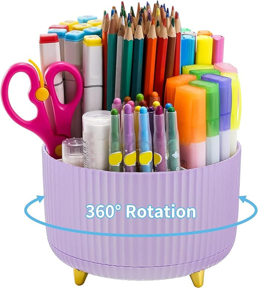 Marbrasse Desk Organizer, 360-Degree Rotating Pen Holder for Desk, Desk Organizers and Accessories with 5 Compartments Pencil Organizer, Art Supply Storage Box Caddy for Office, Home(Purple)