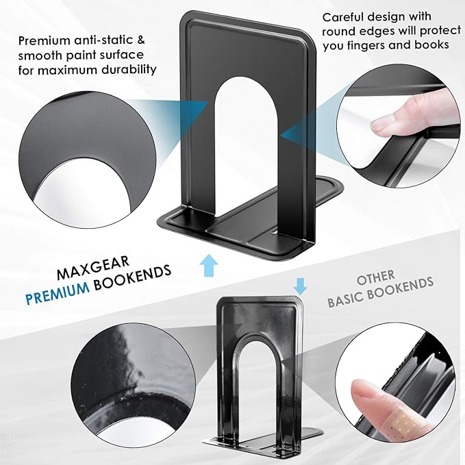 MaxGear Premium Matte Painted Book Ends, Heavy Duty & Sturdy Bookends for Shelves, Office Non-Skid Metal Book End, Book Stopper for Books/CDs/DVDs, 6 x 4.6 x 6 in, Black (2 Pairs/4 Pieces, Large)