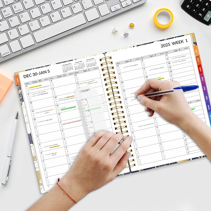 SUNEE 2025 Appointment Book, Quarter-Hourly, Weekly & Monthly - from January 2025 - December 2025, 6.4"x8.3" Flexible Cover, Notes, Pockets, Bookmark, Spiral Binding, Vintage Floral