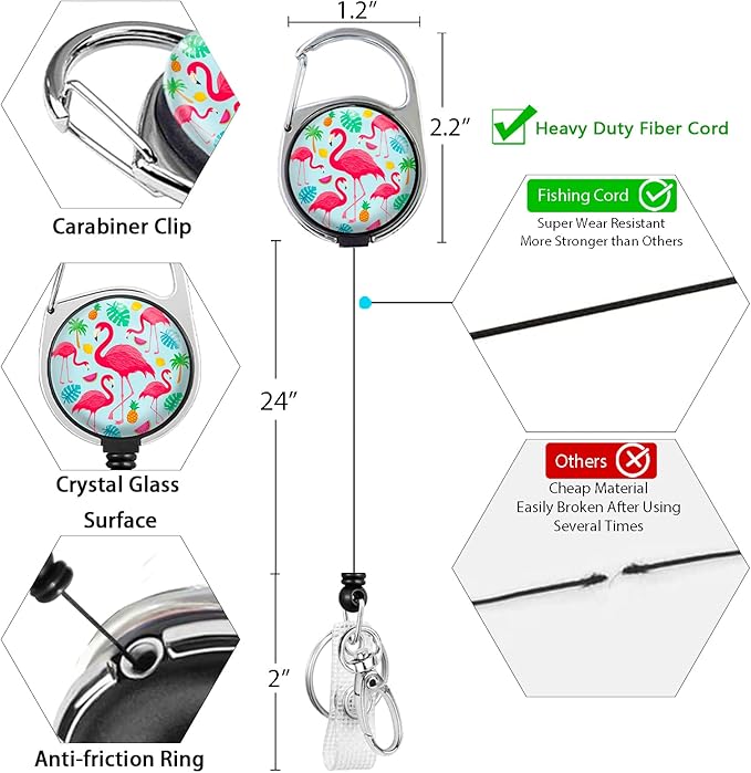 Teacher Lanyards for ID Badges and Keys, Retractable ID Badge Holder with Lanyard, Cute Flamingo Badge Reel Heavy Duty with 360 Degrees Rotate Carabiner Clip, Nurse Student Office Gifts