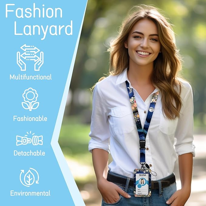 Lanyards for Id Badges, Badge Holder with Retractable Reel Clip, Detachable Moon Mountain Flower Night Work Name Tag Lanyard Vertical ID Card Protector for Women Nurse Doctor Teacher Student