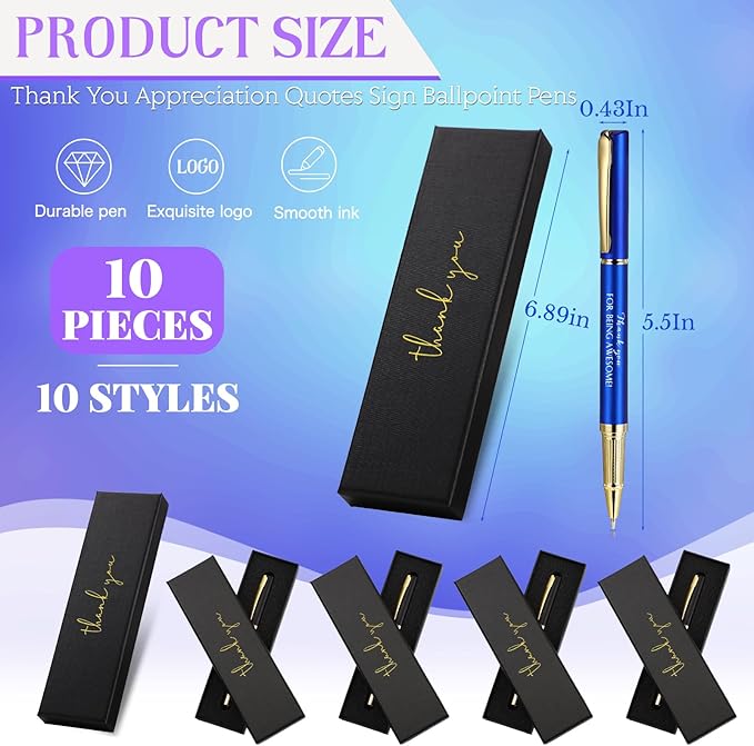 PerKoop 10 Set Thank You Gifts Inspirational Ballpoint Pens with Gift Boxes Bulk Appreciation Party Favors for Employee Coworker Staff Team Friends Office Supplies(Multicolor,Mixed)