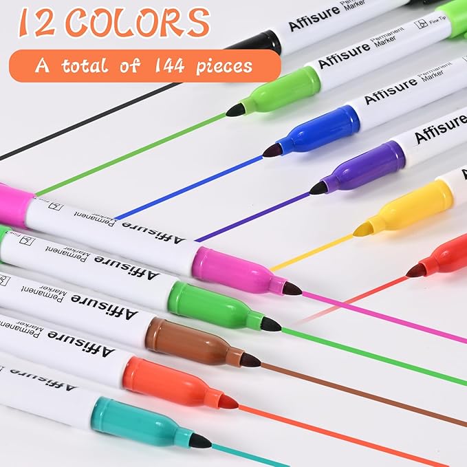 12 Colors Permanent Markers, 144 Pack Permanent Markers, Assorted Colors Marker,Fine Point, Permanent Markers Bulk, Fast Dry, Waterproof, work on Plastic, Glass, Metal, Wood and Stone
