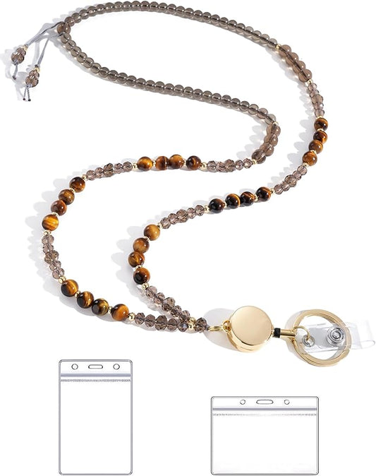 Lanyards for ID Badges and Keys,Natural Stone Beaded Teacher Lanyard for Women,Retractable Lanyard with ID Holder Cute Lanyards for Teachers(Brown)
