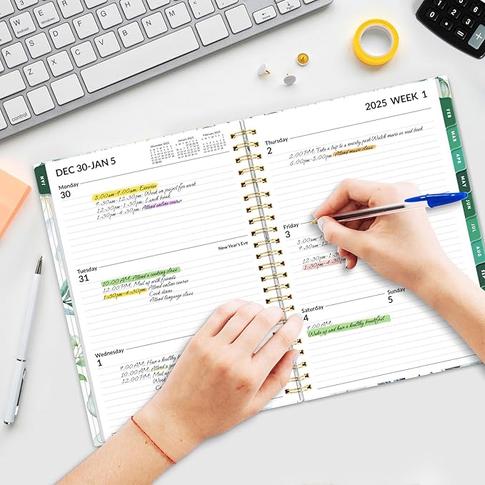 SUNEE 2025 Weekly and Monthly Planner - from January 2025 - December 2025, 6.4" x 8.3" Daily Agenda Planner with Monthly Tab, Flexible Cover, Note Pages, Pockets, Bookmark, Spiral Binding, Eucalyptus
