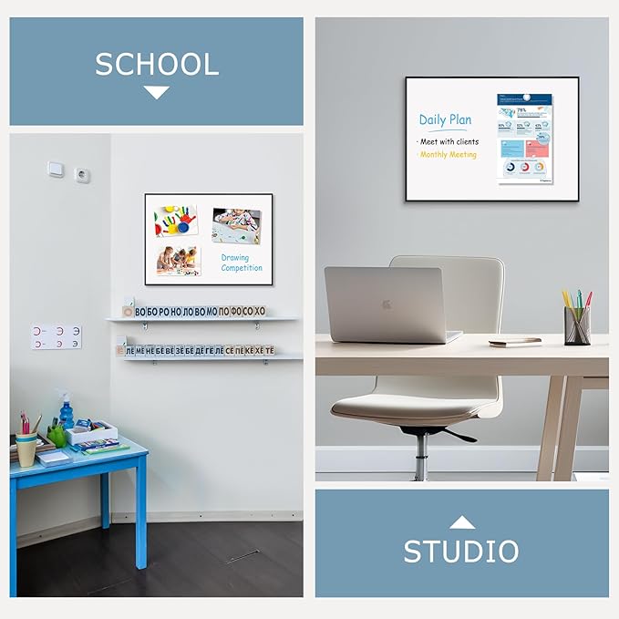 Magnetic Whiteboard, 24'' x 18'' White Board Dry Erase Board for Wall, Hanging Black Aluminum Frame Wipe Board for Home, Office, School