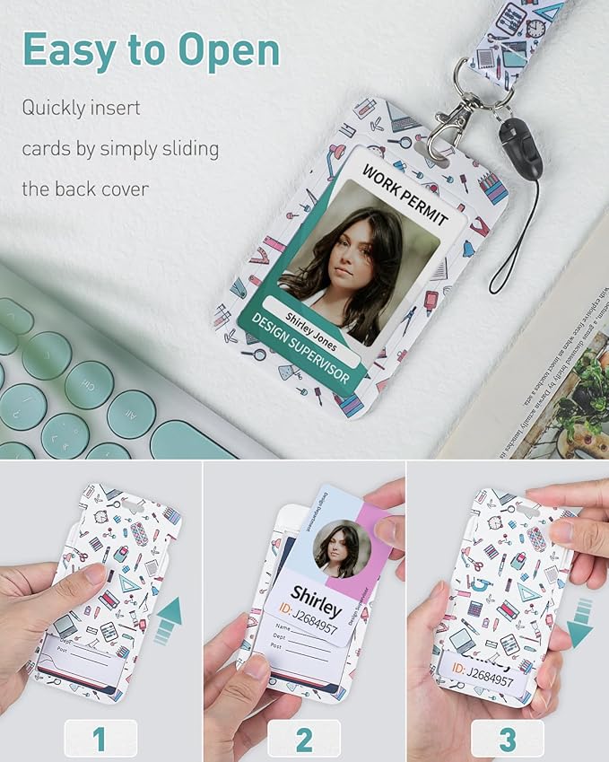 Uniclife Fashionable Sliding Badge Holder Stationery Pattern Plastic Case with Retractable Badge Reel Carabiner Clip & Detachable Lanyard Strap Vertical Card Protector for Women Nurse Teacher Student