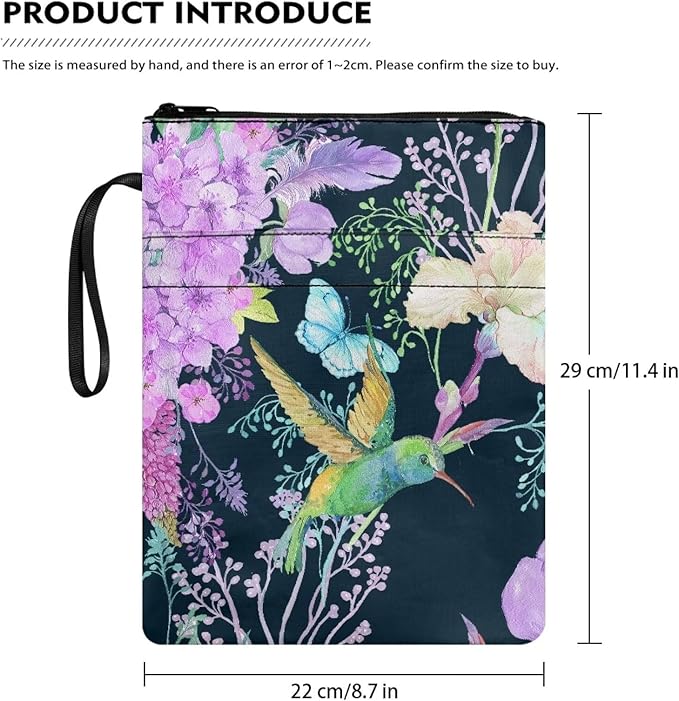 COEQINE 9x11 Book Sleeves Book Covers Portable Hummingbirds Aesthetic Zippered Book Cover Case with Pen Holder for Travel Accessories