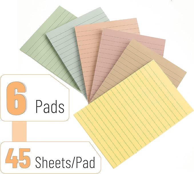 Mr. Pen Vintage Lined Sticky Notes - 4x6, 6 Pads, 45 Sheets, Colorful