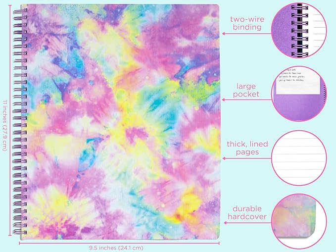 Steel Mill & Co Cute Large Spiral Notebook College Ruled, 11" x 9.5" with Durable Hardcover and 160 Lined Pages, Tie Dye