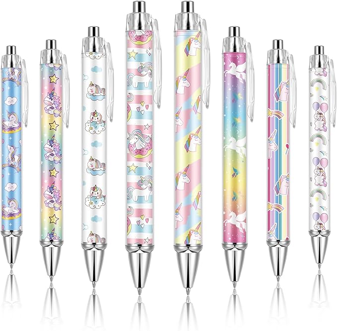 Ireer 8 Pcs Ballpoint Pens for Women 1.00 mm Cute Black Ink Fancy Pens Fine Point Smooth Writing for Journaling Aesthetic Office Supplies(Unicorn)