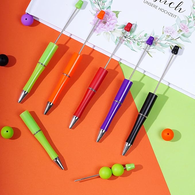 jiebor 20Pcs Halloween Beadable Pens Plastic Bead Ballpoint Pens Bulk with 50Pcs Black Ink Cute Cool Diy Pens for Halloween Journaling Women Teacher Graduation Gift Office Supplies