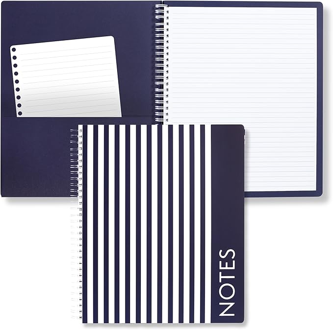 Steel Mill & Co Cute Large Spiral Notebook College Ruled, 11" x 9.5" with Durable Hardcover and 160 Lined Pages, Navy Stripe