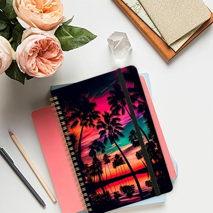 Spiral Notebook - A5 Spiral Notebooks, 8.3'' × 5.8'', 160 Pages, Aesthetic Journaling Notebooks for Women, College Lined Notebook with Elastic Closure, Back Pocket, for School Office, Dusk