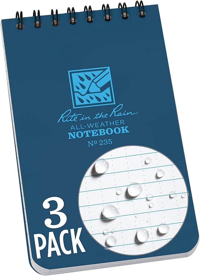 Rite in the Rain Weatherproof Top Spiral Notebook, 3" x 5", Blue Cover, Universal Pattern, 3 Pack (No. 235-3X)