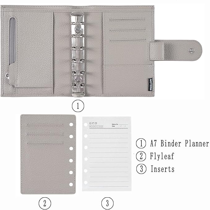 Moterm Pocket Regular Rings Planner - Genuine Leather Binder Organizer (Pebbled-Gray, 19mm Ring)