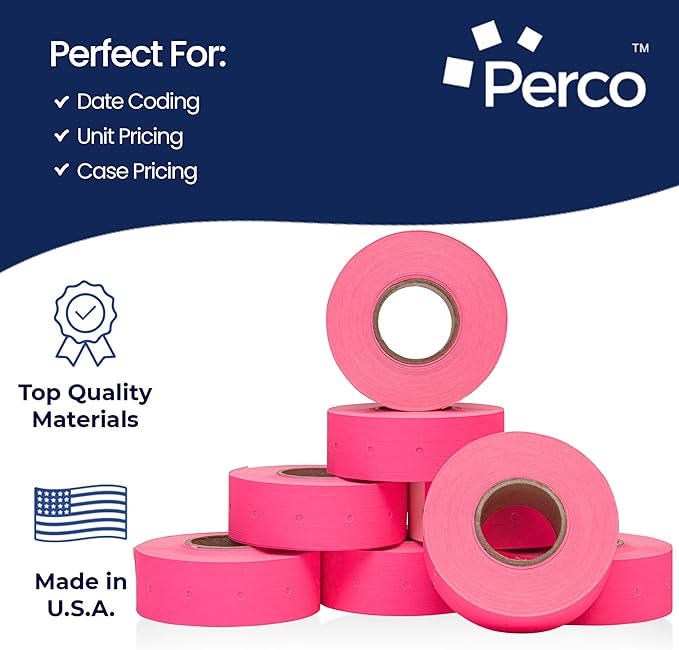 Perco 2 Line Fluorescent Pink Labels - 32 Rolls, 4 Sleeves, 24,000 Blank Price and Date Gun Labels for Perco 2 Line Price and Date Guns - Made in USA