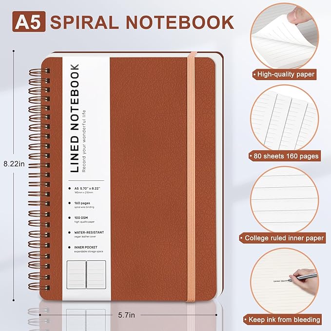 ABERLLS Brown Lined Spiral Journal Notebook with 160 Pages, 8×5.7in, A5 Spiral Notebook, Journaling Notebooks for Work, School, Women, Men, College Ruled Spiral Notebook, Hardcover Leather Journals