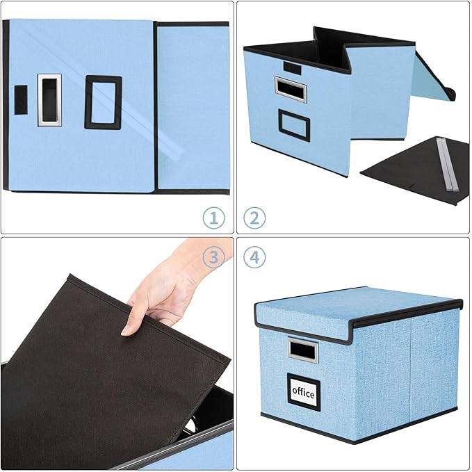 Huolewa Collapsible File Storage Organizer Box with Lid, Hanging File Folders Box Organizer with Plastic Slides, Decorative Home/Office Filing System Box for File and Folders Storage - Powderblue