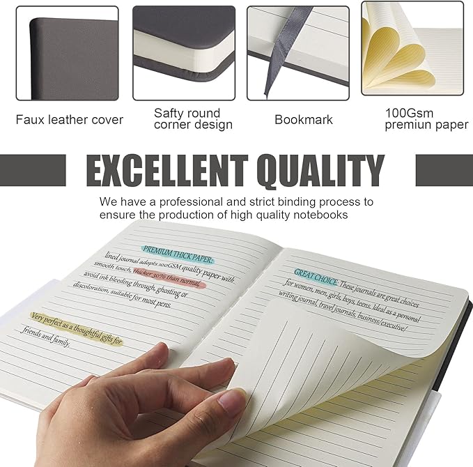 Lined Journal Notebook, 6Pack(Dark Gray), 160 Pages, Medium 5.7 inches x 8 inches - 100 gsm Thick Paper, Hardcover