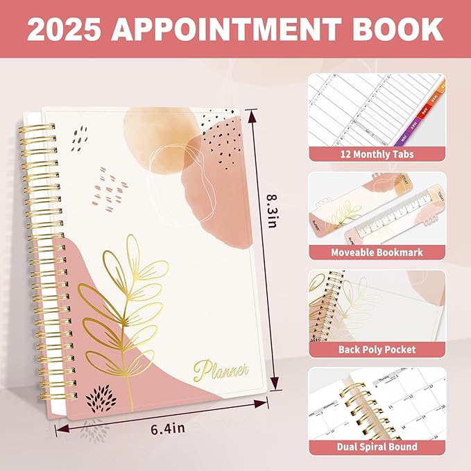 SUNEE 2025 Appointment Book, Quarter-Hourly, Weekly & Monthly - from January 2025 - December 2025, 6.4"x8.3" Weekly Planner, Flexible Cover, Note Pages, Pockets, Bookmark, Spiral Binding, Pink Breeze