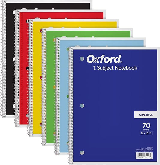 Oxford Spiral Notebook 6 Pack, Bulk Wide Ruled Spiral Notebooks for School, 1 Subject Journal, Wide Ruled Paper, 8 x 10-1/2 Inch, Blue, Yellow, Red, Light Blue, Green and Black, 70 Sheets (65010)