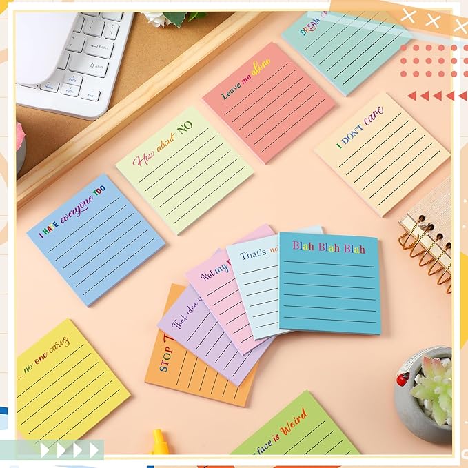 Yinder 24 Pcs Inspirational Sticky Notes with Lines Cute Motivational Sticky Notes Pad Employee Appreciation Gifts Bulk for Teacher Nurse Coworkers Office Supplies 3 x 3''(Light Color,Funny)