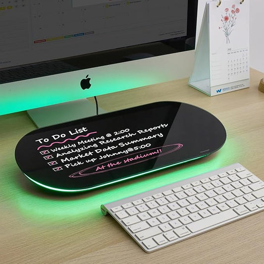 TSJ OFFICE Glass Desktop Whiteboard - 17 X 7 Inches Small Dry Erase Board with Green Light, Black Glass White Board Surface Notepad with 1 Drawer, Desk Organizers for Office, Home, School Supplies