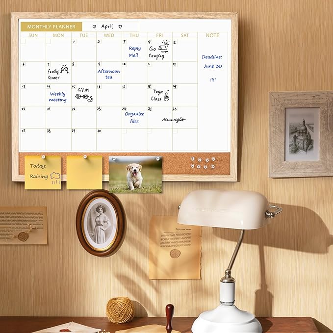 ARCOBIS White Board Calendar with Cork Board, 24x18 Inch Wood Frame Bulletin Board for Wall, Magnetic White Calendar Board with Chalk Markers, Push-Pins and Magnets,Beige