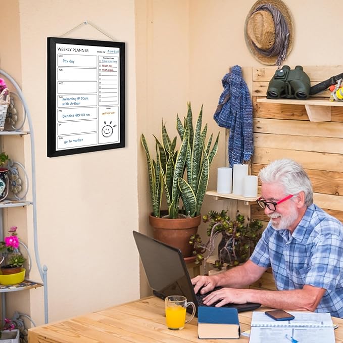 Dry Erase White Board Weekly Calendar Board, Magnetic Whiteboard for Wall,13“x17 Solid Wood Black Framed Message Board, Planner Board for Office, Home, School(Weekly-BB-BK-3343